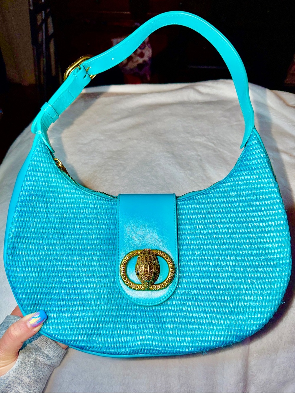 Kurt Geiger Chelsea Raffia Hobo Bag in the vibrant turquoise EUC